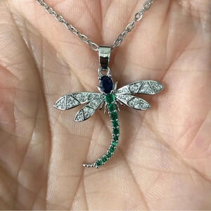 Dragonfly Faux Emerald Sapphire Diamond Crystal Stainless Steel Silver New